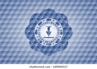 download icon inside blue emblem or badge with abstract geometric polygonal pattern background.