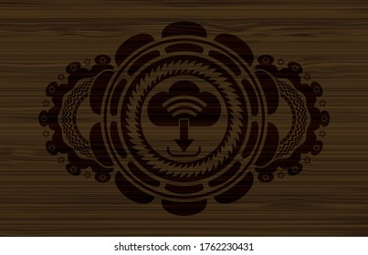 download icon inside dark wood realistic badge. Brown classic background. Intense illustration. 