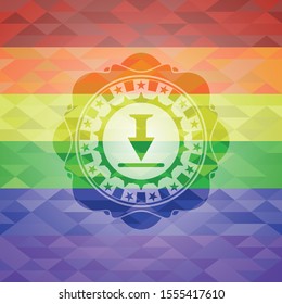 download icon inside emblem on mosaic background with the colors of the LGBT flag