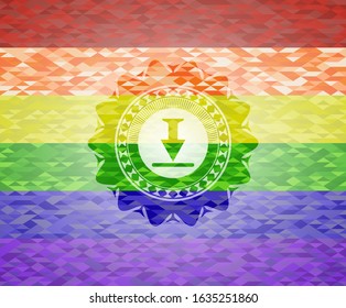 download icon inside emblem on mosaic background with the colors of the LGBT flag