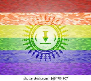 download icon inside emblem on mosaic background with the colors of the LGBT flag