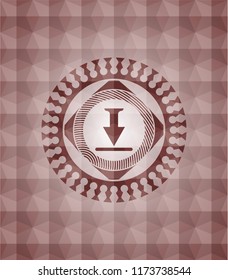 download icon inside red emblem or badge with abstract geometric pattern background. Seamless.