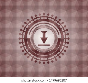 download icon inside red emblem or badge with abstract geometric pattern background. Seamless.