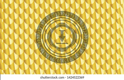 download icon inside shiny golden badge. Scales pattern. Vector Illustration. Detailed.