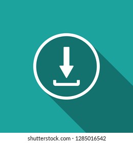 Download icon isolated with long shadow. Upload button. Load symbol. Arrow point to down. Flat design. Vector Illustration