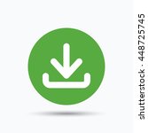 Download icon. Load internet data symbol. Flat web button with icon on white background. Green round pressbutton with shadow. Vector