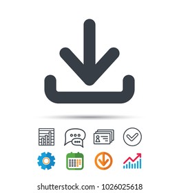Download icon. Load internet data symbol. Statistics chart, chat speech bubble and contacts signs. Check web icon. Vector