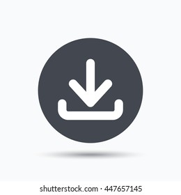 Download icon. Load internet data symbol. Flat web button with icon on white background. Gray round pressbutton with shadow. Vector