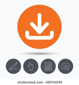 Download icon. Load internet data symbol. Speech bubbles. Pen, hand click and chart. Orange circle button with icon. Vector