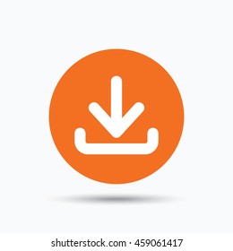 Download icon. Load internet data symbol. Orange circle button with flat web icon. Vector