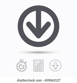 Download icon. Load internet data symbol. Stopwatch, chart graph and download arrow. Linear icons on white background. Vector