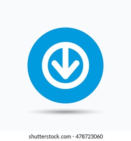 Download icon. Load internet data symbol. Blue circle button with flat web icon. Vector