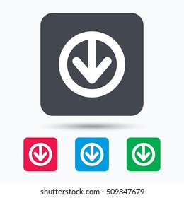 Download icon. Load internet data symbol. Colored square buttons with flat web icon. Vector