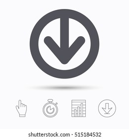 Download icon. Load internet data symbol. Stopwatch timer. Hand click, report chart and download arrow. Linear icons. Vector