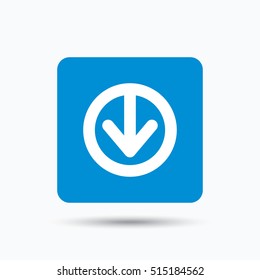 Download icon. Load internet data symbol. Blue square button with flat web icon. Vector
