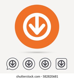 Download icon. Load internet data symbol. Circle, speech bubble and star buttons. Flat web icons. Vector