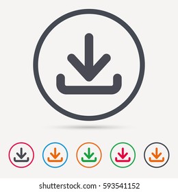 Download icon. Load internet data symbol. Round circle buttons. Colored flat web icons. Vector