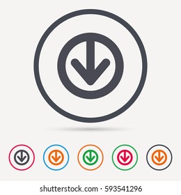 Download icon. Load internet data symbol. Round circle buttons. Colored flat web icons. Vector