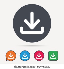 Download icon. Load internet data symbol. Circle, speech bubble and star buttons. Flat web icons. Vector