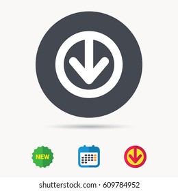 Download icon. Load internet data symbol. Calendar, download arrow and new tag signs. Colored flat web icons. Vector
