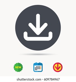 Download icon. Load internet data symbol. Calendar, download arrow and new tag signs. Colored flat web icons. Vector
