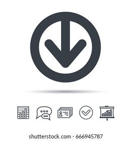 Download icon. Load internet data symbol. Chat speech bubble, chart and presentation signs. Contacts and tick web icons. Vector