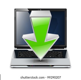 Download icon, modern laptop with down arrow. Vector