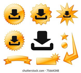 Download Icon on Orange Burst Banners and Medals Original Vector Illustration