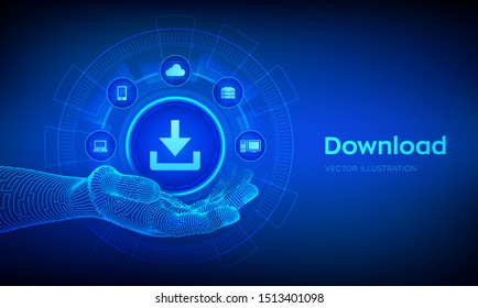 Download icon in robotic hand. Cloud download data storage. Install symbol. Business technology network internet concept. Vector illustration.