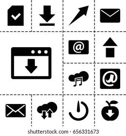 Download icon. set of 13 filled downloadicons such as email, music cloud, download, file, at email, mail, stopwatch camera, arrow