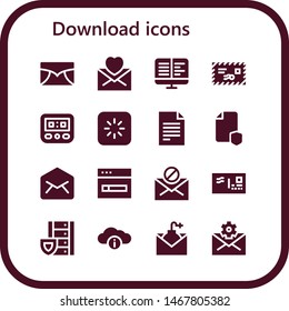 download icon set. 16 filled download icons.  Collection Of - Email, Mail, Ebooks, Speedometer, Loading, File, Download, Envelope, Server, Cloud