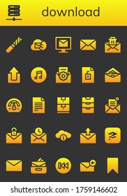 download icon set. 26 filled download icons.  Simple modern icons such as: File, Server, Email, Mail, Upload, Itunes, Envelope, Speedometer, Data storage, Inbox, Cloud, Previous