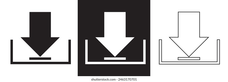 Herunterladener Symbolsatz. Herunterladene Button-Kollektion. Herunterladene Dateisymbole Vektorgrafik. Einfaches herunterladenes Symbol auf weißem und schwarzem Hintergrund. Symbol zum Herunterladen von Pfeilen. Vektorillustration. EPS 10 