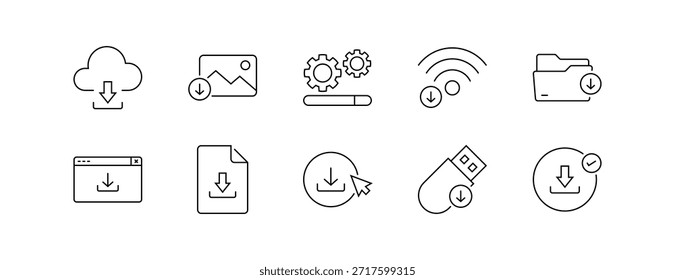 Symbolsatz mit Cloud-, Datei-, Bild-, Ordner- und USB-Symbolen im Linienstil, bearbeitbaren Strich herunterladen