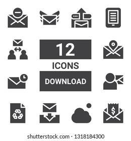 download icon set. Collection of 12 filled download icons included Mail, Cloud, Email, File, Ebook