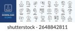Download icon set. Containing upload, document, link, download file, folder, data and PDF icons. Solid icon collection. Vector illustration.