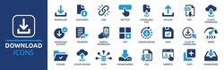 Download icon set. Containing upload, document, link, download file, folder, data and PDF icons. Solid icon collection. Vector illustration.