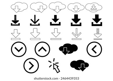 Download icon set. Containing upload, document, link, download file, folder, data . Solid icon collection. Vector illustration. eps10.