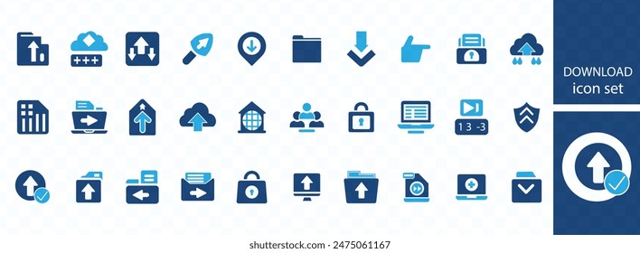 Download icon set. Containing upload, document, link, download file, folder, data and PDF icons