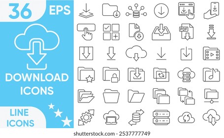 Download icon set. Containing upload, document, link, download file, folder, data and PDF icons.Vector and illustrator set.
