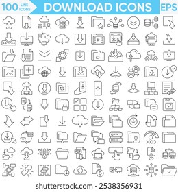 Download icon set. Containing upload, document, link, download file, folder, data and PDF icons.Vector and illustrator set.