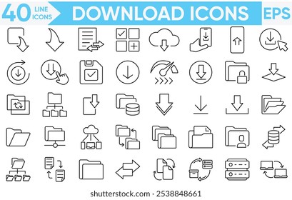 Download icon set. Containing upload, document, link, download file, folder, data and PDF icons.Vector and illustrator set.