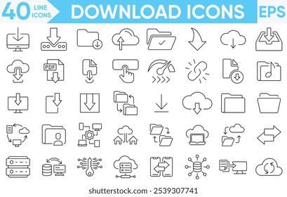 Download icon set. Containing upload, document, link, download file, folder, data and PDF icons.Vector and illustrator set.
