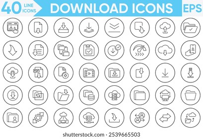 Conjunto de ícones de download. Contendo upload, documento, link, arquivo de download, pasta, dados e ícones PDF.Vetor e ilustrador conjunto.
