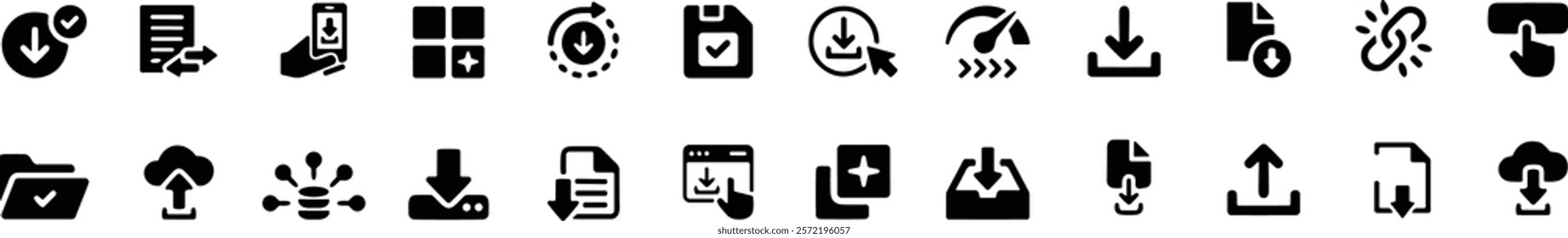 Download icon set. Containing upload, document, link, download file, folder, data and PDF icons. Vector illustration.