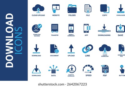 Download icon set. Containing upload, document, link, download file, folder, data and PDF icons. Solid icon collection. Vector illustration.