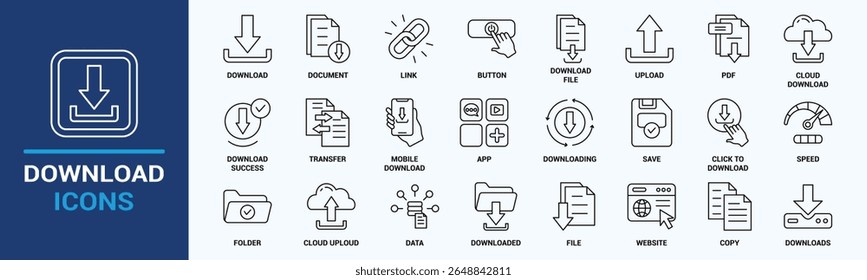 Conjunto de ícones de download. Contendo upload, documento, link, arquivo de download, pasta, dados e ícones PDF. Coleção de ícones do Solid. Ilustração vetorial.