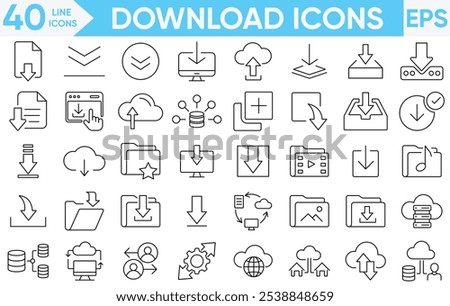 Download icon set. Containing upload, document, link, download file, folder, data and PDF icons.Vector and illustrator set.