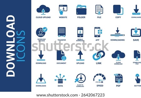 Download icon set. Containing upload, document, link, download file, folder, data and PDF icons. Solid icon collection. Vector illustration.