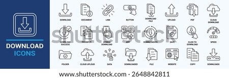 Download icon set. Containing upload, document, link, download file, folder, data and PDF icons. Solid icon collection. Vector illustration.